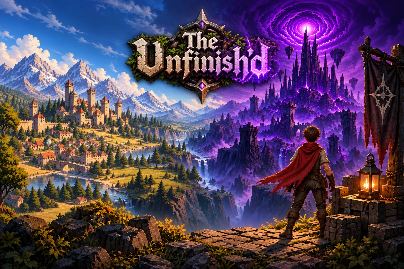 Key art for The Unfinish’d: a sunlit castle town and river valley on the left, a purple storm and ruined towers on the right, and a lone adventurer in a red cape looking out between them.