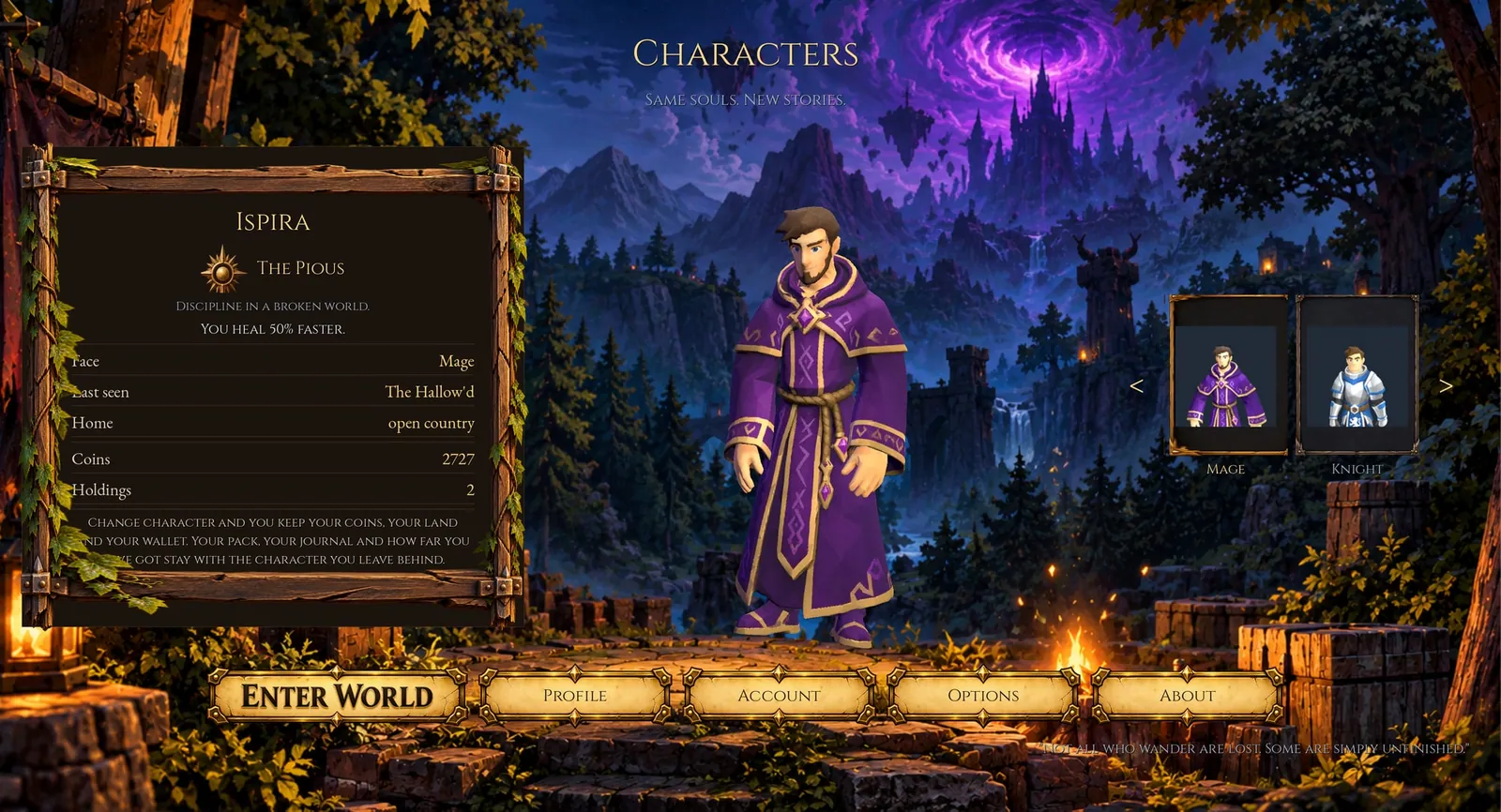 The character screen, showing the Mage in purple and gold robes by a campfire, under a violet storm over a ruined castle.