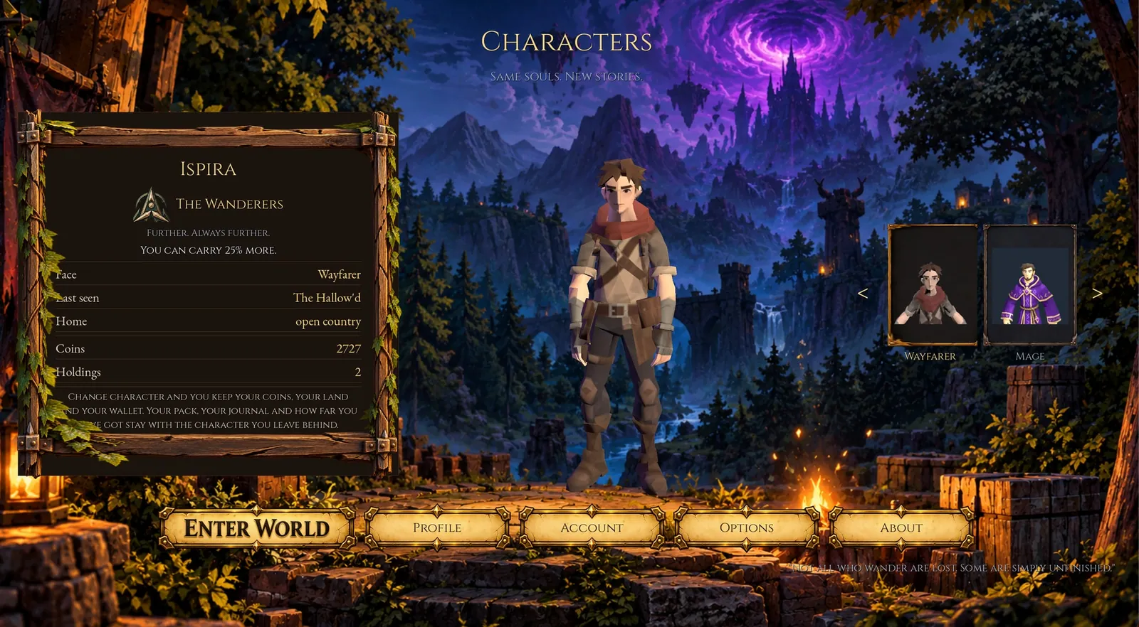 The character screen, showing the Wayfarer in brown leathers and a red scarf by a campfire, with a wooden panel of coins and holdings and the Enter World button below.
