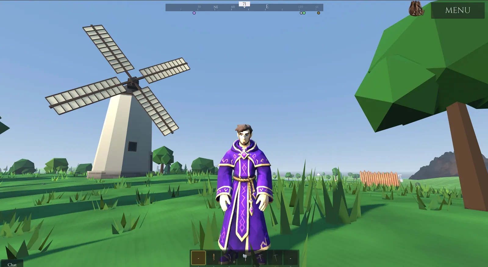 In the world on a sunny day: a mage in purple and gold robes stands on the grassland beside a white windmill, with low-poly trees, a wooden fence and a hill behind.
