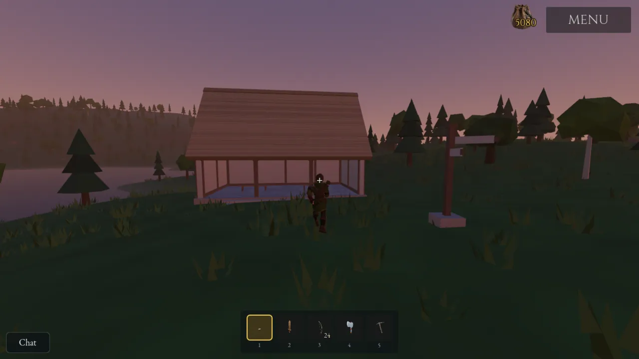 In the world at dusk: an open-sided timber shelter by a lake, with a signpost, pine woods and hills beyond.